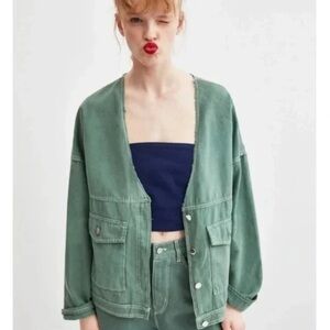 Zara - Utility Army Green Cotton Linen Blend Pocket Button Down Jacket Size Sm